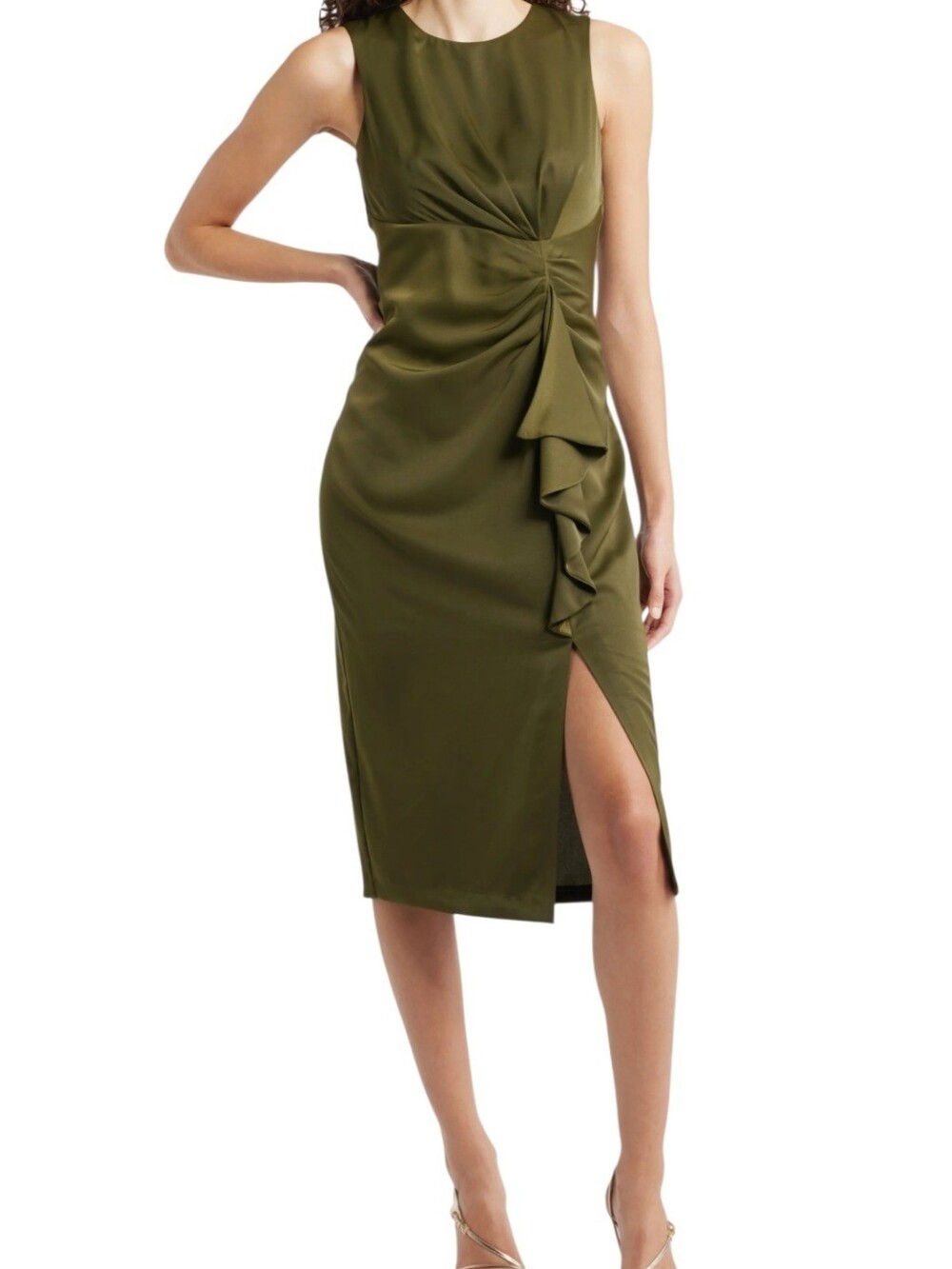 Vince Camuto Olive Green Sleeveless Draped Midi Dress. 8